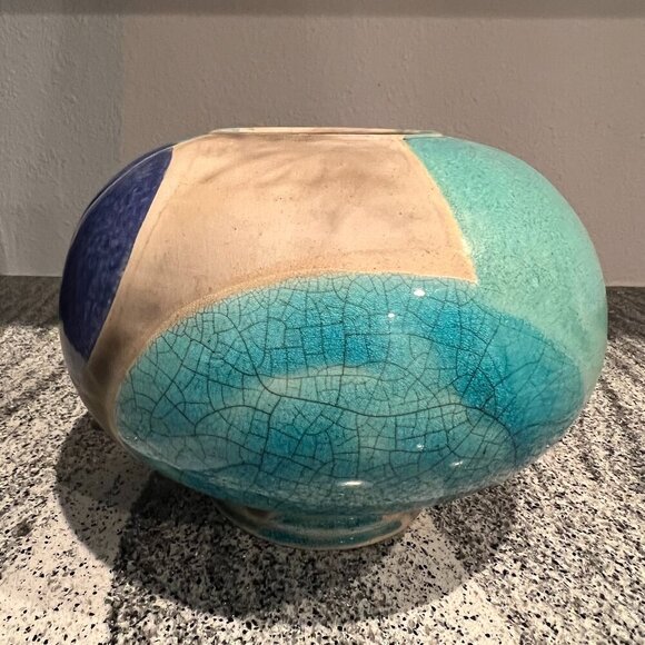 Raku Art Pottery Turquoise & Blue Round Vase Crackle Body Artist Signed - Picture 1 of 9